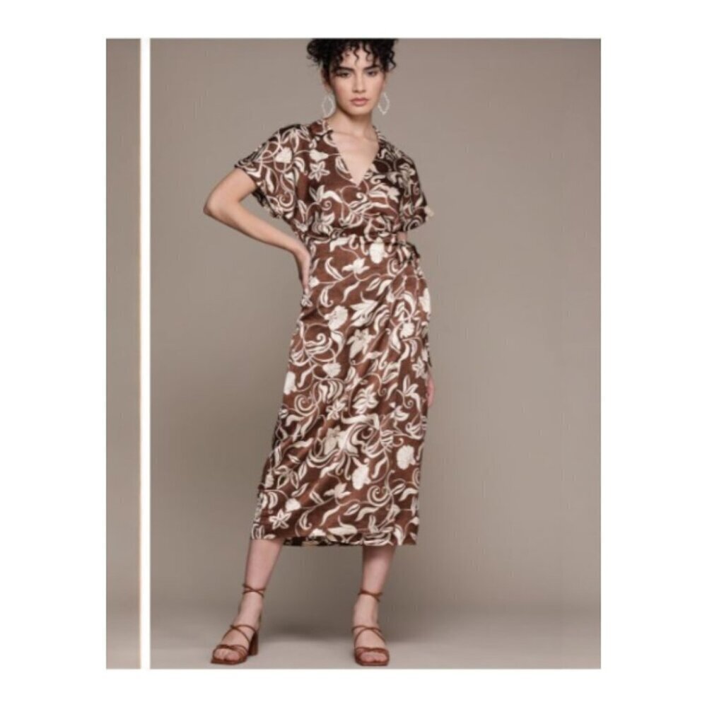 MNG Mango Women's Floral Print Midi Maxi Satin Wrap Dress Brown Cream Small NWOT